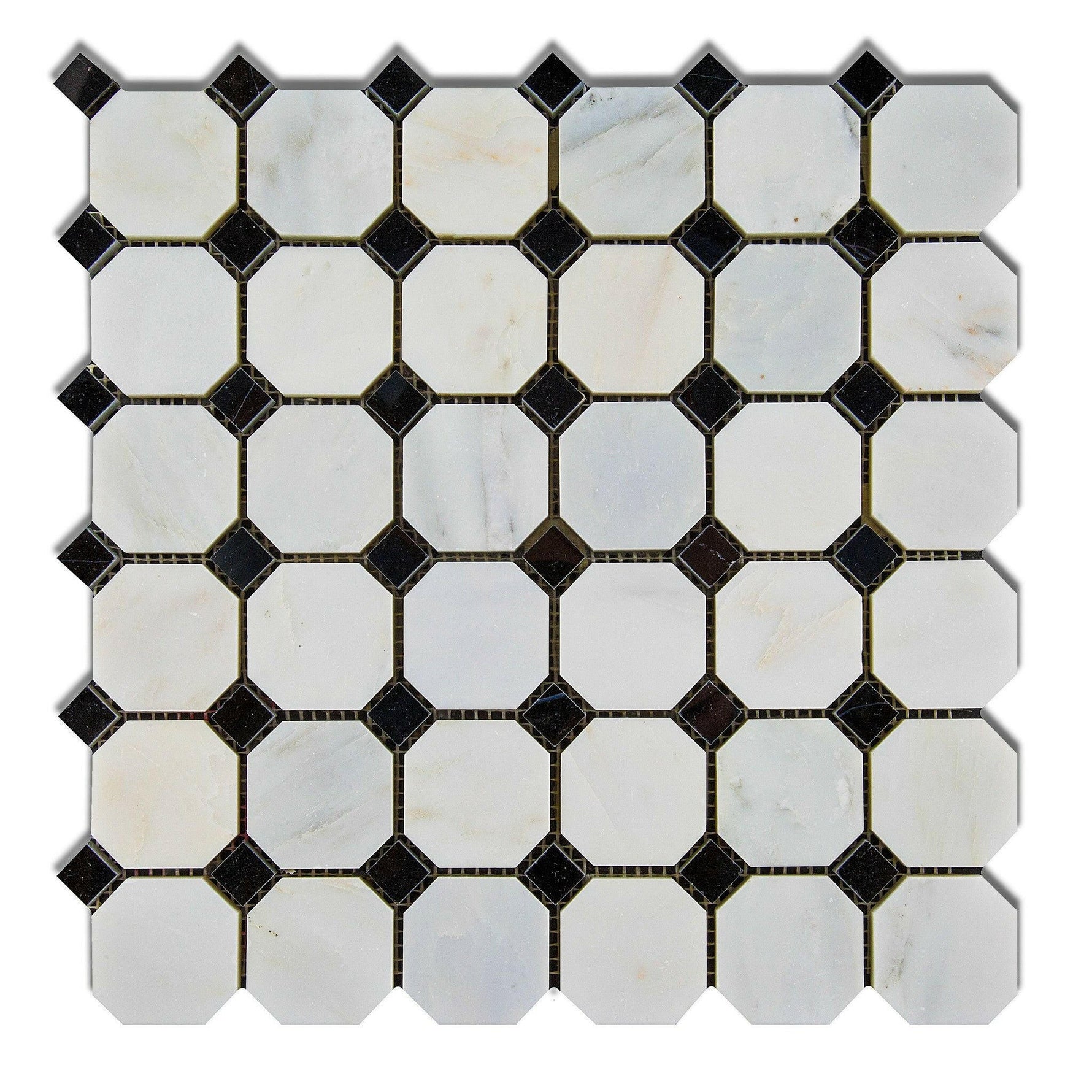 Oriental White / Asian Statuary Marble Polished Octagon Mosaic Tile w/ Black Dots-Marble Mosaic-American Tile Depot