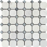 Oriental White / Asian Statuary Marble Polished Octagon Mosaic Tile w/ Blue Gray Dots-Marble Mosaic-American Tile Depot