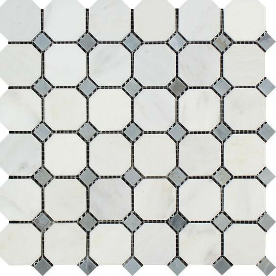 Oriental White / Asian Statuary Marble Polished Octagon Mosaic Tile w/ Blue Gray Dots-Marble Mosaic-American Tile Depot