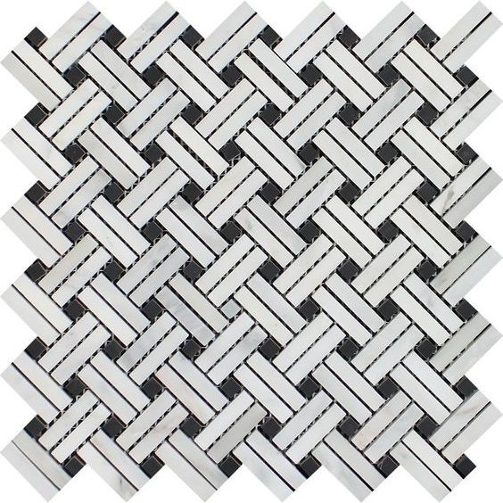 Oriental White / Asian Statuary Marble Polished Stanza Basketweave Mosaic Tile w / Black Dots-Marble Mosaic-American Tile Depot