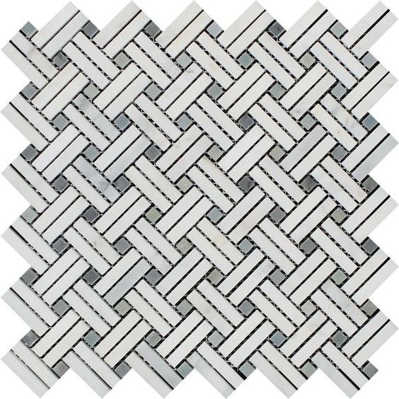 Oriental White / Asian Statuary Marble Polished Stanza Basketweave Mosaic Tile w / Blue-Gray Dots-Marble Mosaic-American Tile Depot