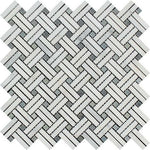 Oriental White / Asian Statuary Marble Polished Stanza Basketweave Mosaic Tile w / Blue-Gray Dots-Marble Mosaic-American Tile Depot