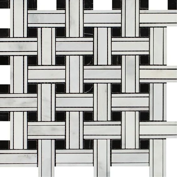 Oriental White / Asian Statuary Marble Polished Triple Weave Mosaic Tile w / Black Dots-Marble Mosaic-American Tile Depot