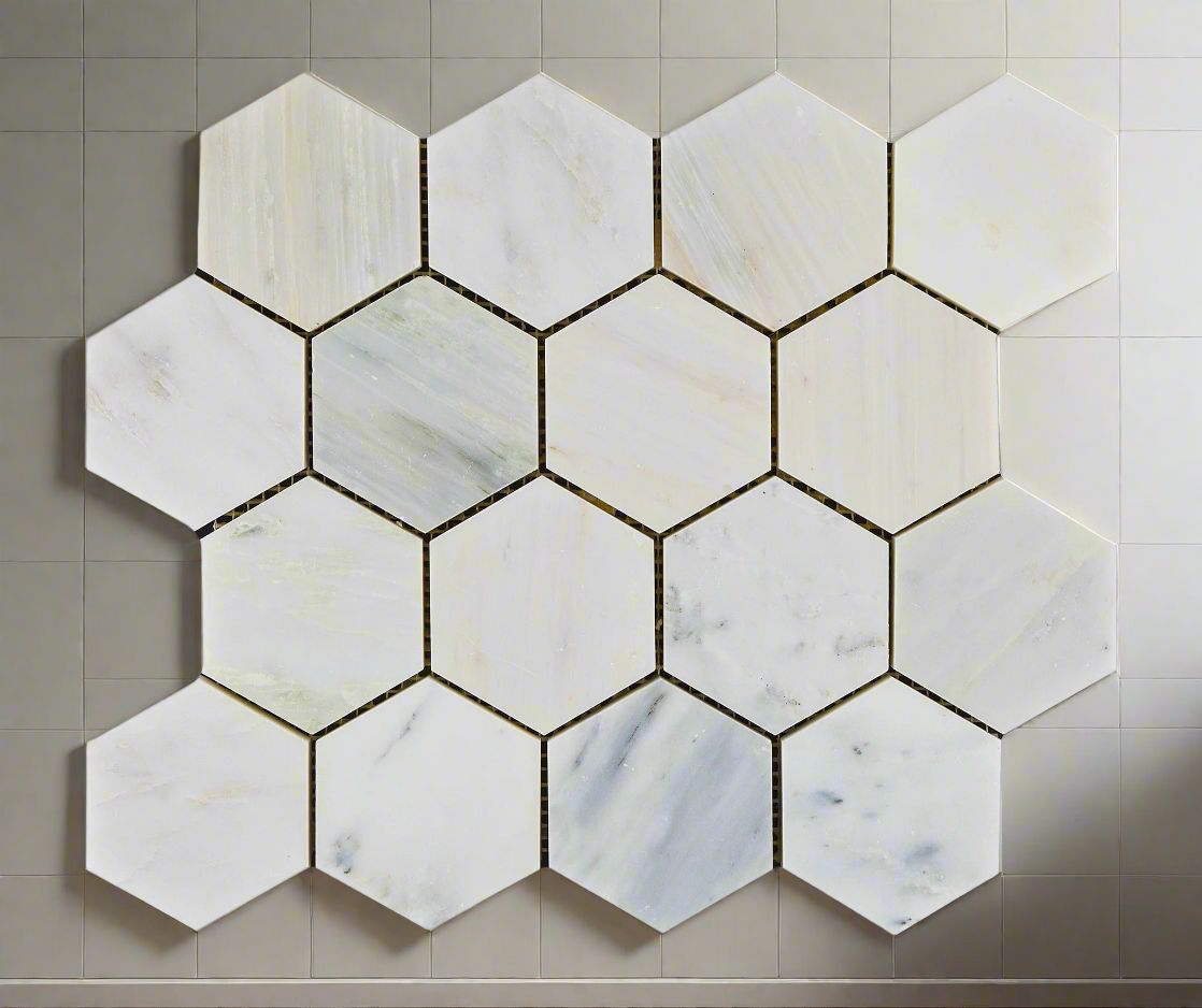 Oriental White / Asian Statuary Marble Honed 3" Hexagon Mosaic Tile-Marble Mosaic-American Tile Depot