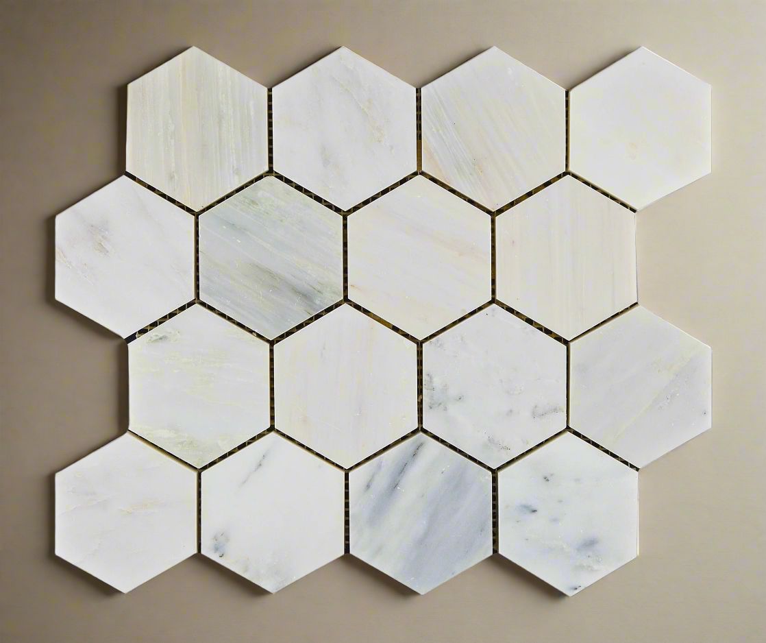 Oriental White / Asian Statuary Marble Polished 3" Hexagon Mosaic Tile-Marble Mosaic-American Tile Depot