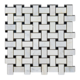 Oriental White / Asian Statuary Marble Polished Basketweave Mosaic Tile w/ Black Dots