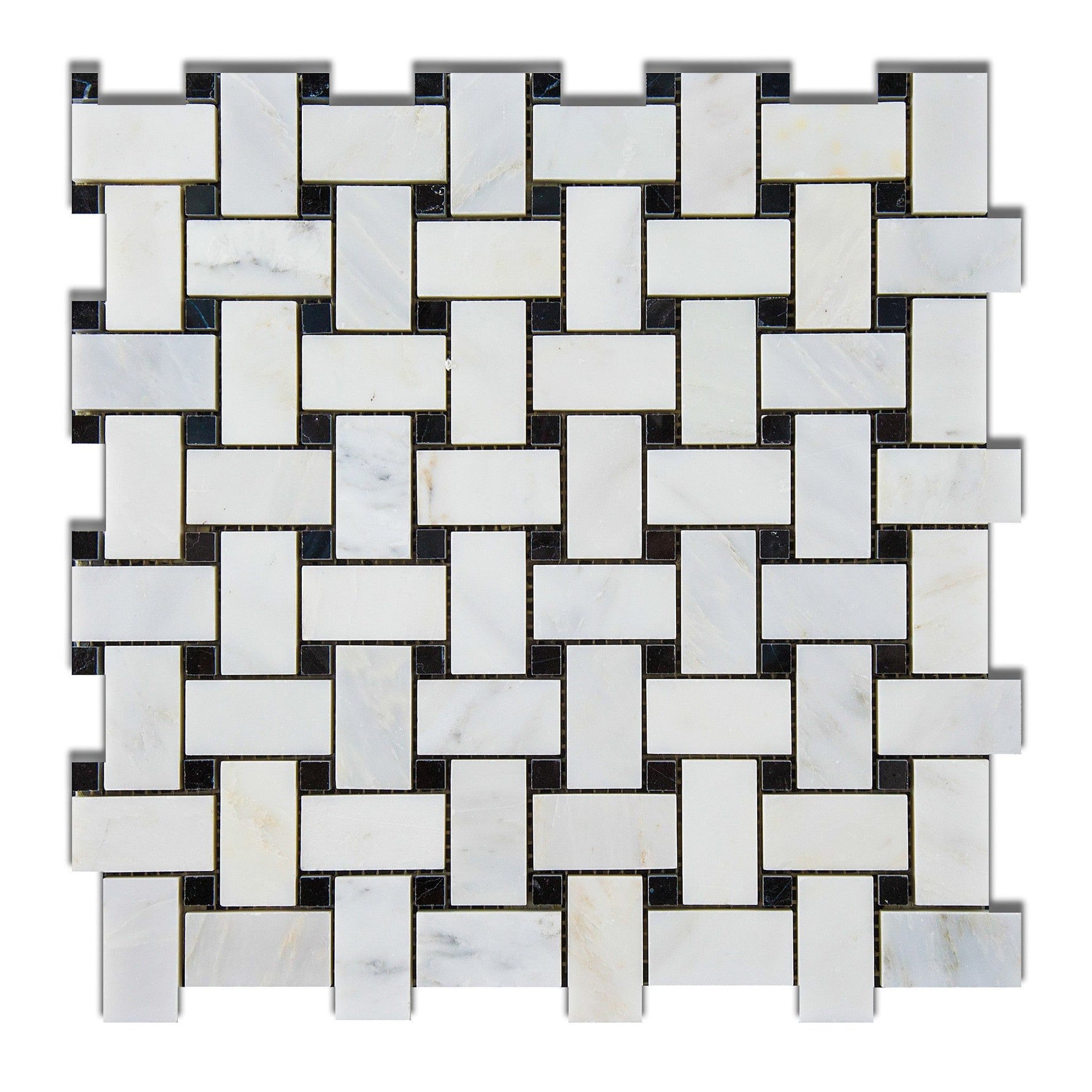 Oriental White / Asian Statuary Marble Honed Basketweave Mosaic Tile w/ Black Dots-Marble Mosaic-American Tile Depot