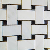 Oriental White / Asian Statuary Marble Honed Basketweave Mosaic Tile w/ Black Dots