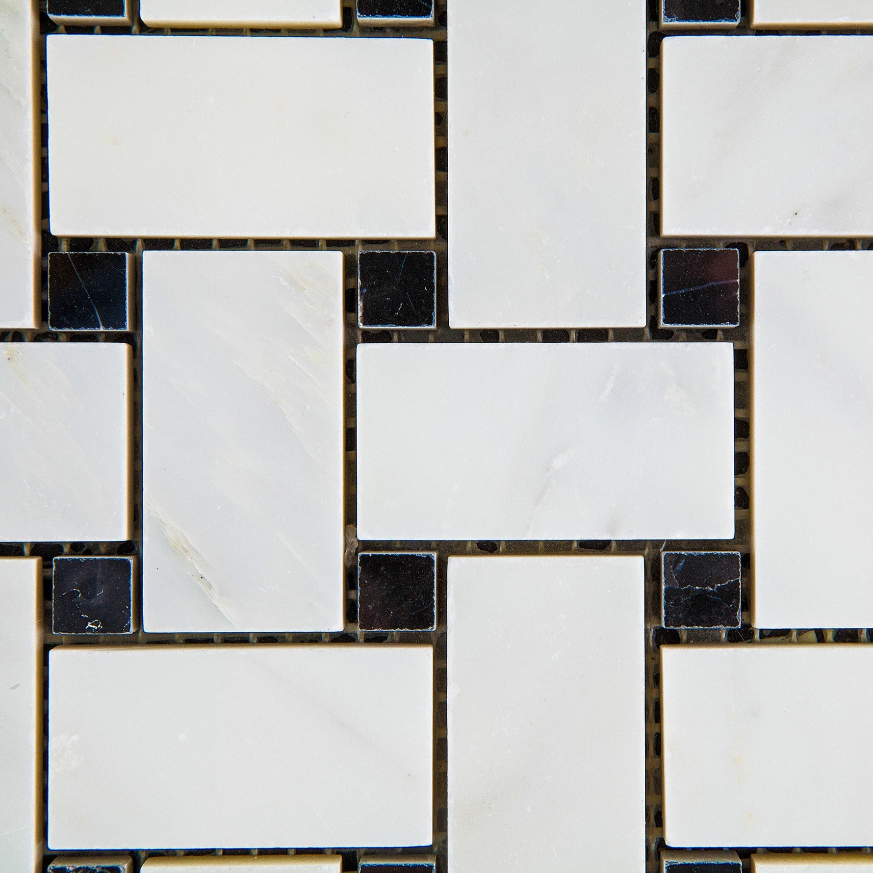 Oriental White / Asian Statuary Marble Polished Basketweave Mosaic Tile w/ Black Dots