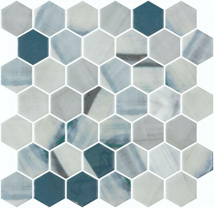 Phoenix Marbling Grey Hexagon Glass Mosaic Tile-Recycled Glass Mosaic-American Tile Depot