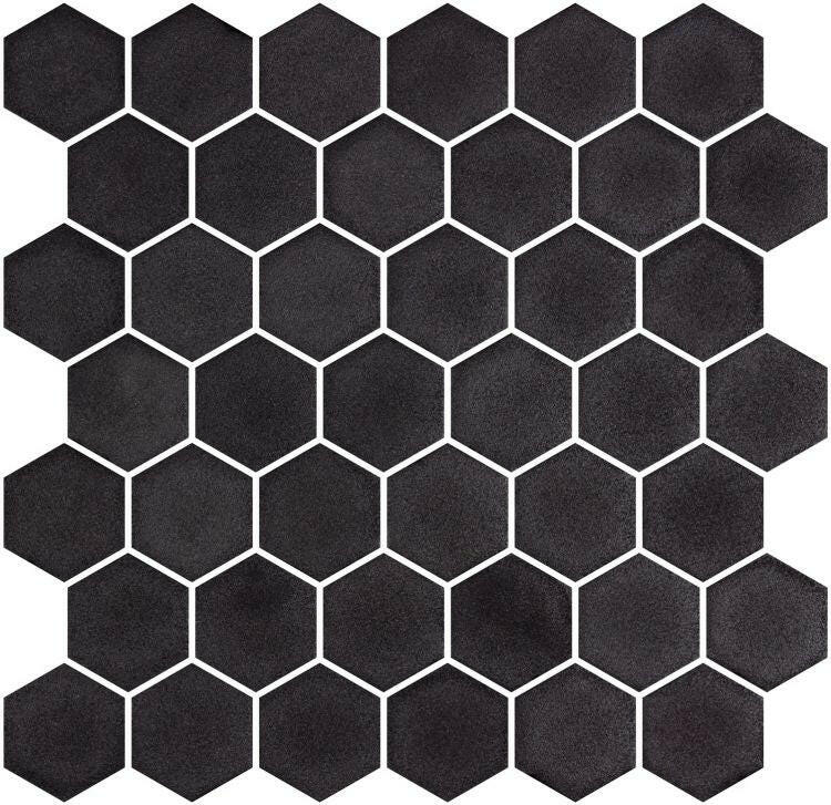 Phoenix Stoneglass XL Black Matte Hexagon Glass Mosaic Tile-Recycled Glass Mosaic-American Tile Depot