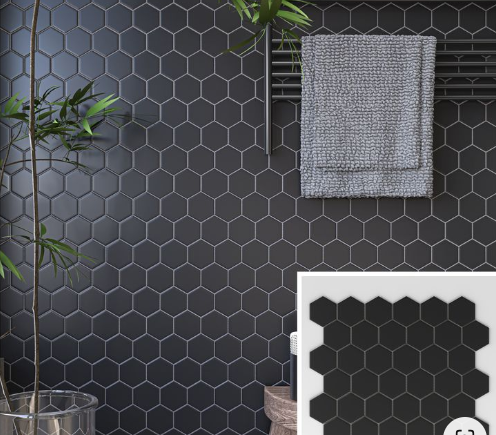 Phoenix Stoneglass XL Black Matte Hexagon Glass Mosaic Tile-Recycled Glass Mosaic-American Tile Depot