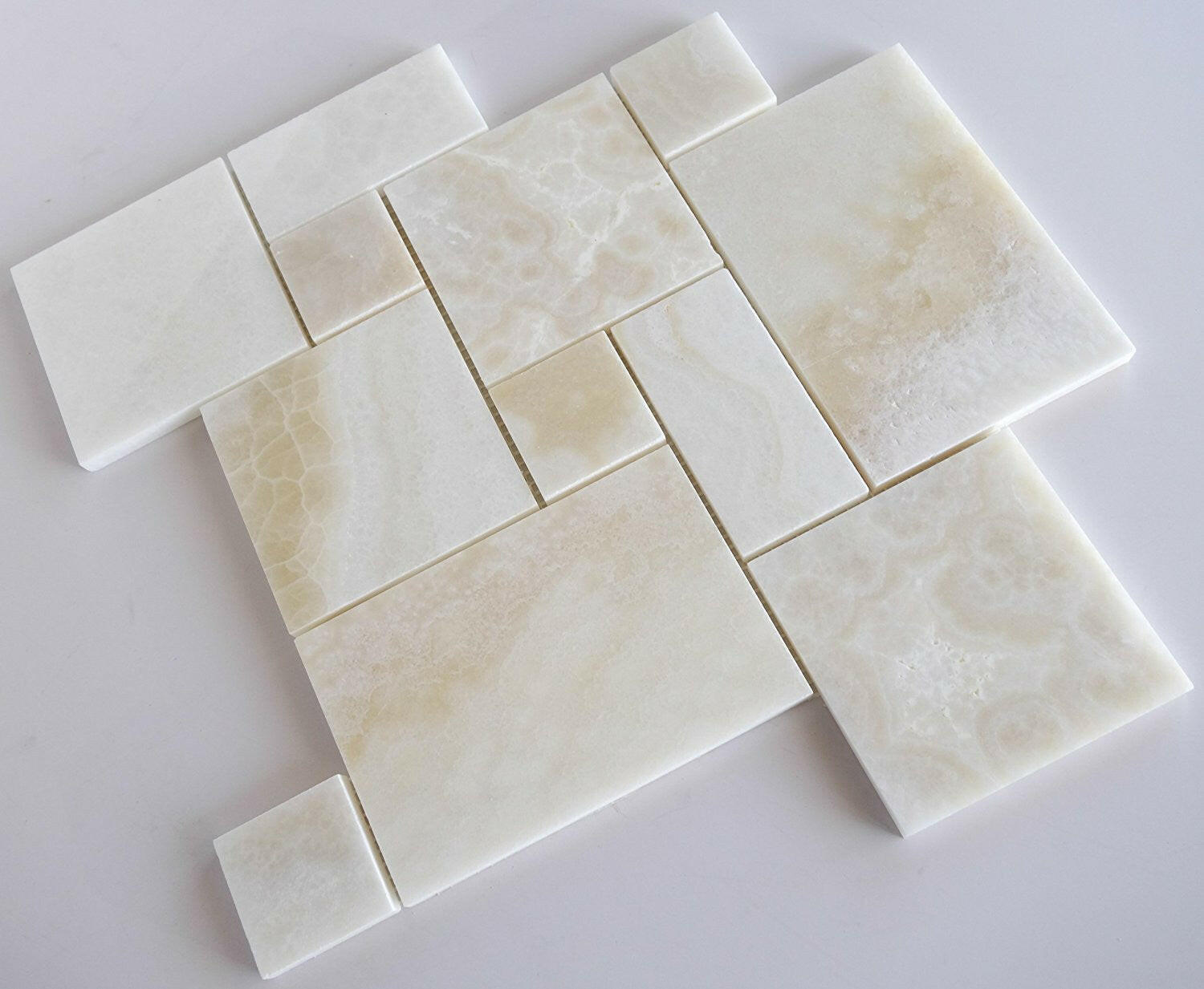 Premium White Onyx CROSS-CUT 4-Pieced OPUS Mini-Pattern Polished Mosaic Tile-Marble Mosaic-American Tile Depot