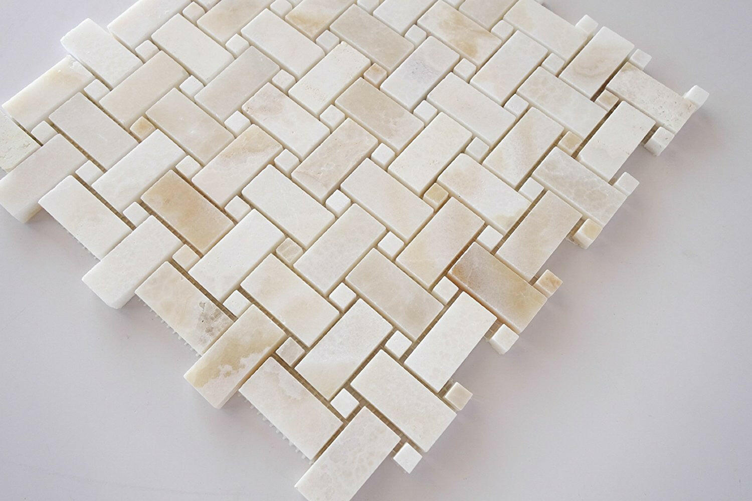 Premium White Onyx CROSS-CUT Basketweave Polished Mosaic Tile w/ White Onyx Dots-Marble Mosaic-American Tile Depot