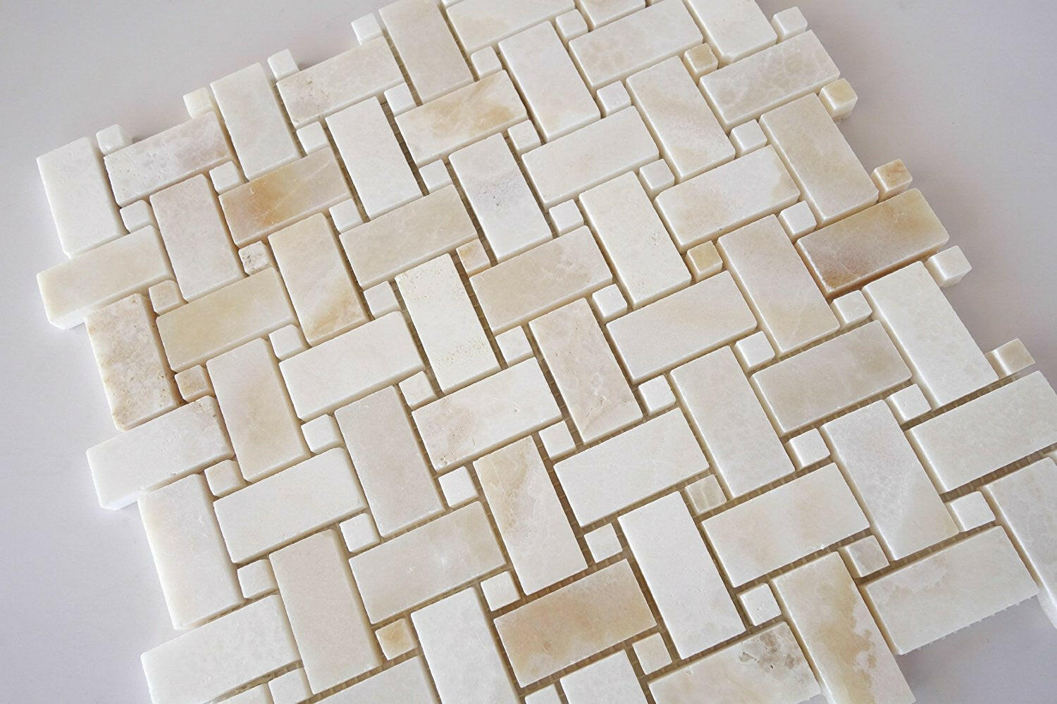 Premium White Onyx CROSS-CUT Basketweave Polished Mosaic Tile w/ White Onyx Dots-Marble Mosaic-American Tile Depot