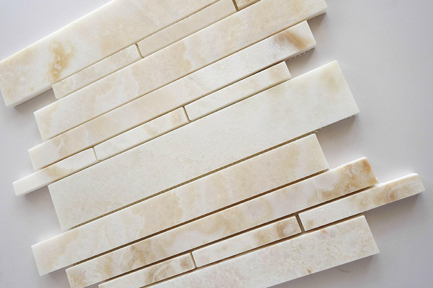 Premium White Onyx CROSS-CUT Polished Random Strip Mosaic Tile-Onyx Mosaic-American Tile Depot