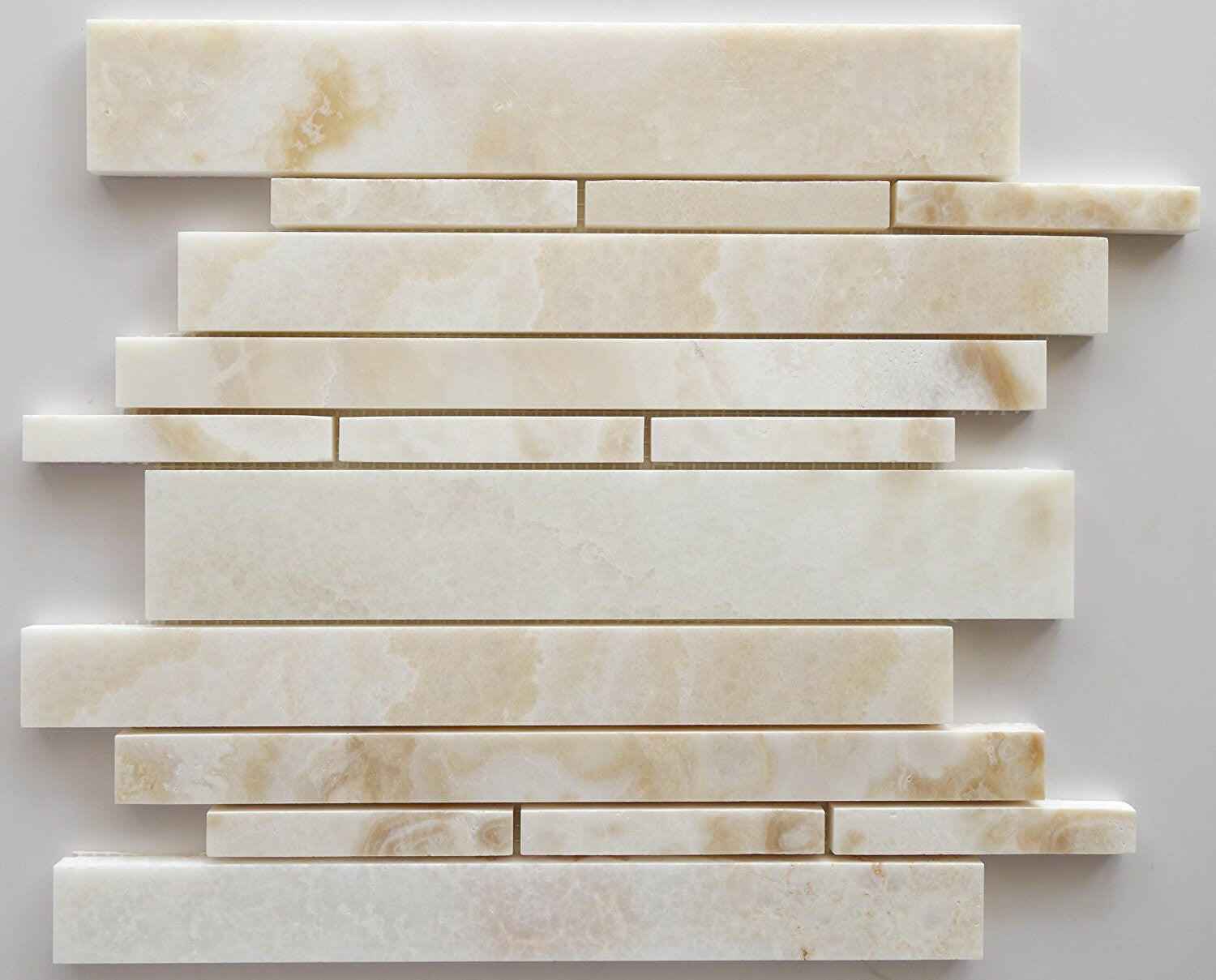 Premium White Onyx CROSS-CUT Polished Random Strip Mosaic Tile-Onyx Mosaic-American Tile Depot