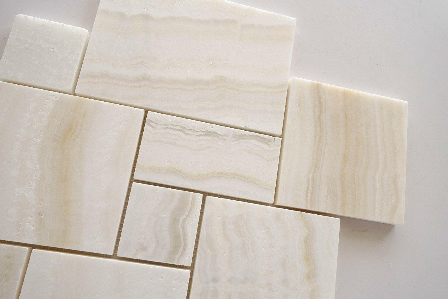 Premium White Onyx VEIN-CUT 4-Pieced OPUS Mini-Pattern Polished Mosaic Tile-Marble Mosaic-American Tile Depot