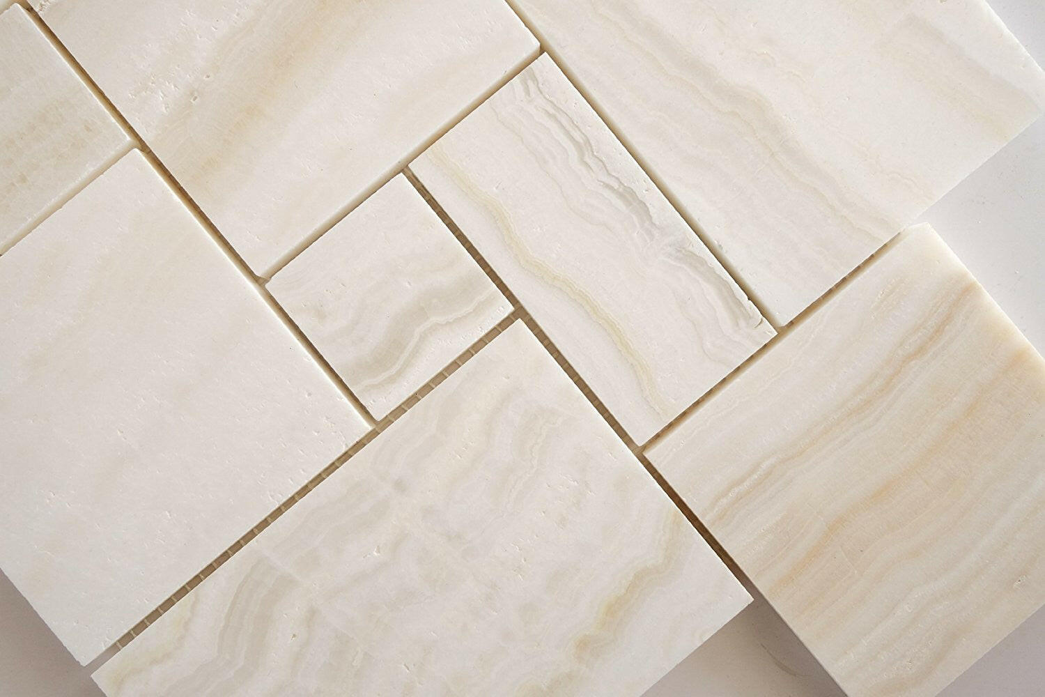 Premium White Onyx VEIN-CUT 4-Pieced OPUS Mini-Pattern Polished Mosaic Tile-Marble Mosaic-American Tile Depot