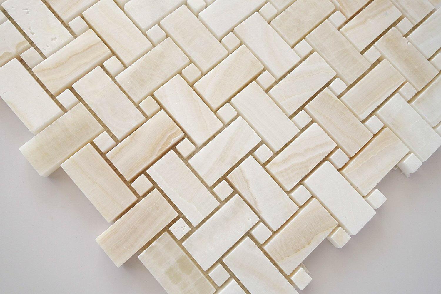 Premium White Onyx VEIN-CUT Basketweave Polished Mosaic Tile w/ White Onyx Dots-Marble Mosaic-American Tile Depot