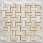 Premium White Onyx VEIN-CUT Basketweave Polished Mosaic Tile w/ White Onyx Dots-Marble Mosaic-American Tile Depot