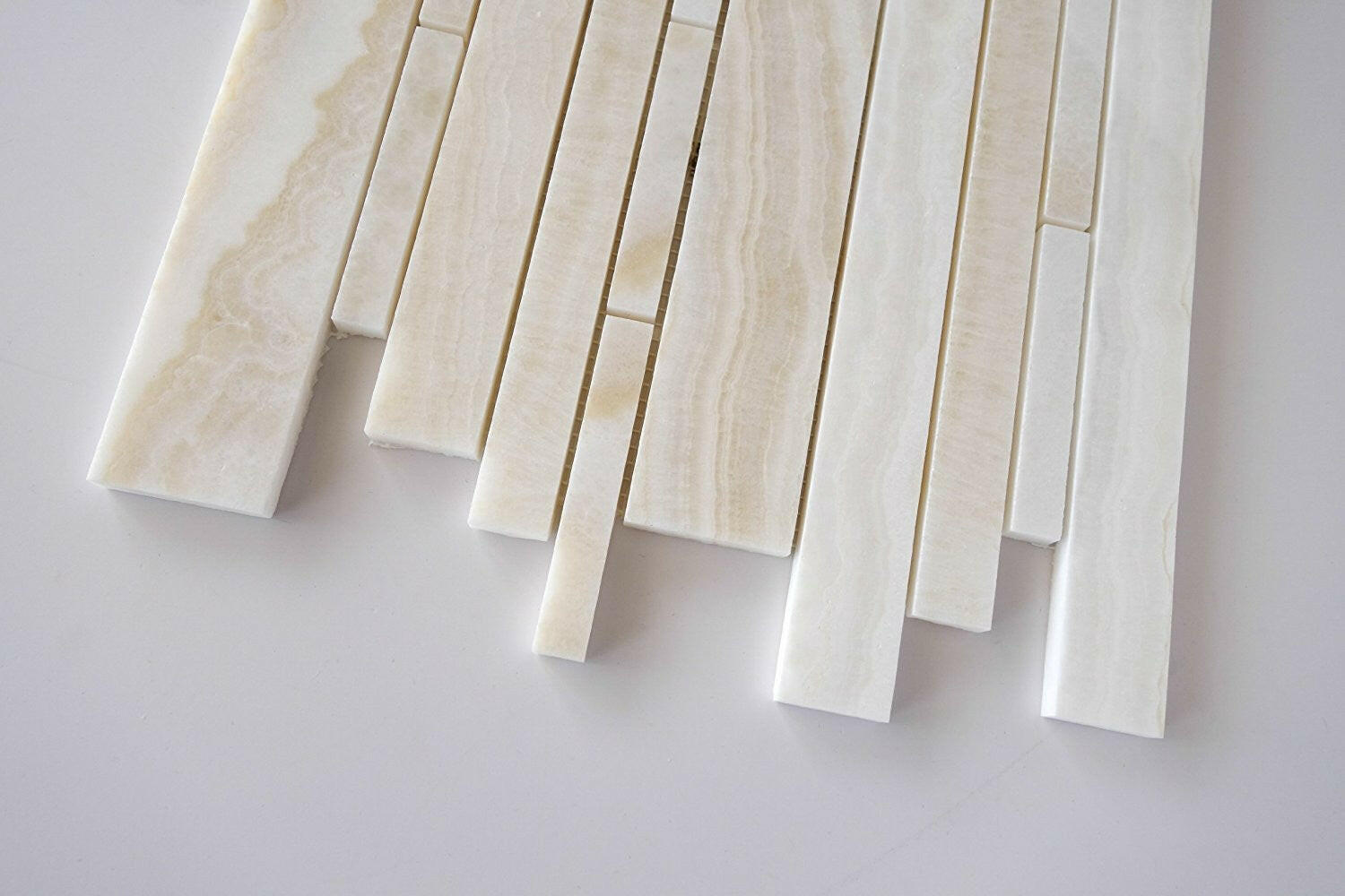 Premium White Onyx VEIN-CUT Polished Random Strip Mosaic Tile-Onyx Mosaic-American Tile Depot