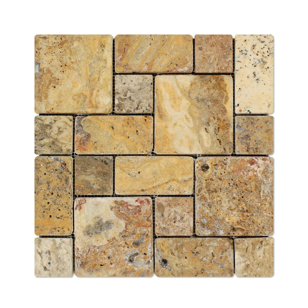 Scabos Travertine 3-Pieced Mini-Pattern Tumbled Mosaic Tile-Travertine Mosaic-American Tile Depot