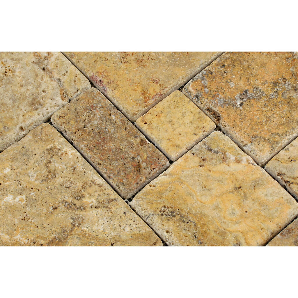 Scabos Travertine 4-Pieced OPUS Mini-Pattern Tumbled Mosaic Tile-Travertine Mosaic-American Tile Depot