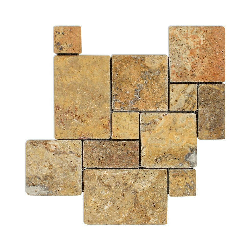 Scabos Travertine 4-Pieced OPUS Mini-Pattern Tumbled Mosaic Tile-Travertine Mosaic-American Tile Depot