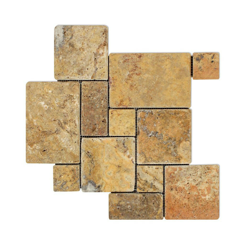 Scabos Travertine 4-Pieced OPUS Mini-Pattern Tumbled Mosaic Tile-Travertine Mosaic-American Tile Depot