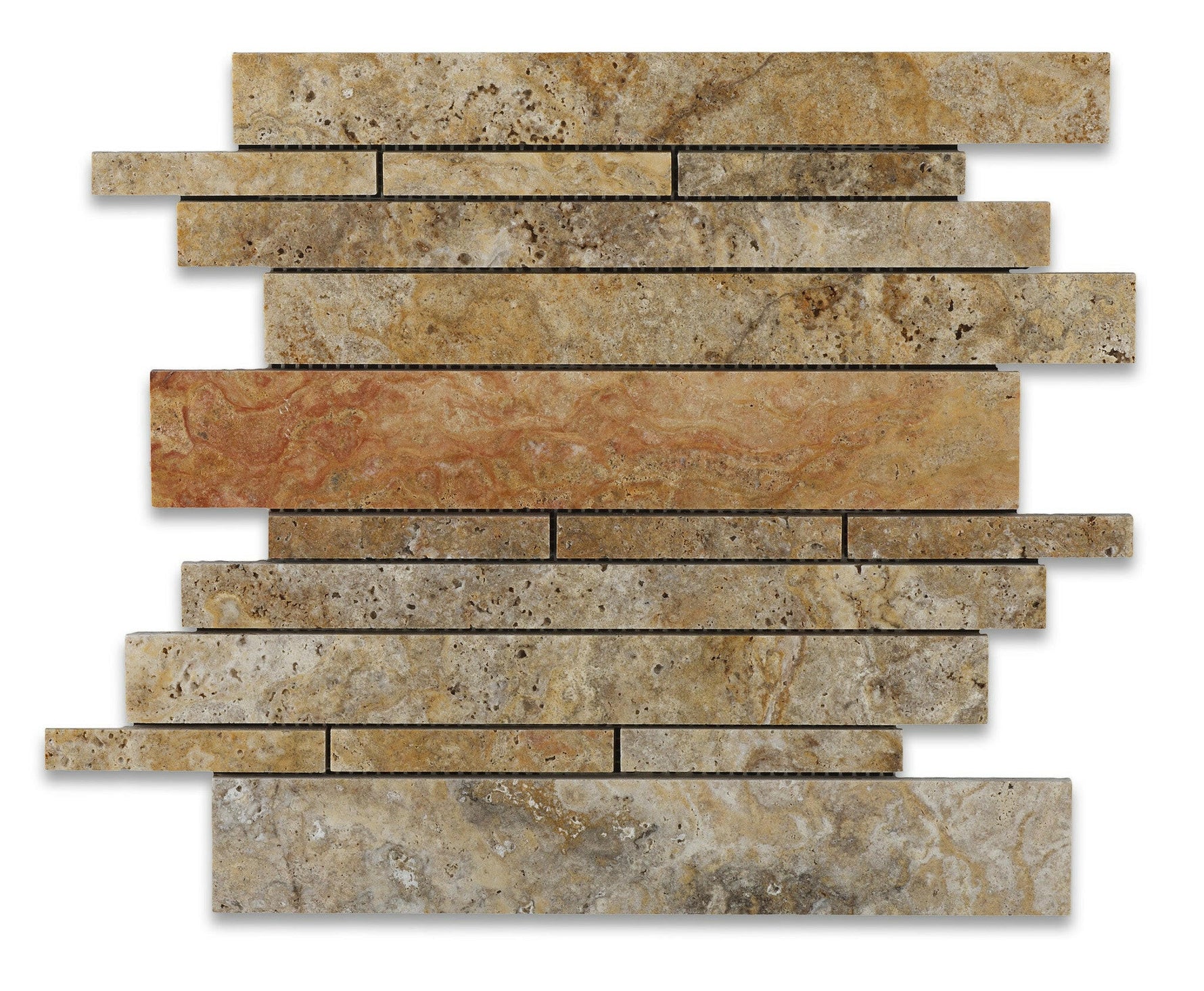 Scabos Travertine Honed Random Strip Mosaic Tile-Travertine Mosaic-American Tile Depot