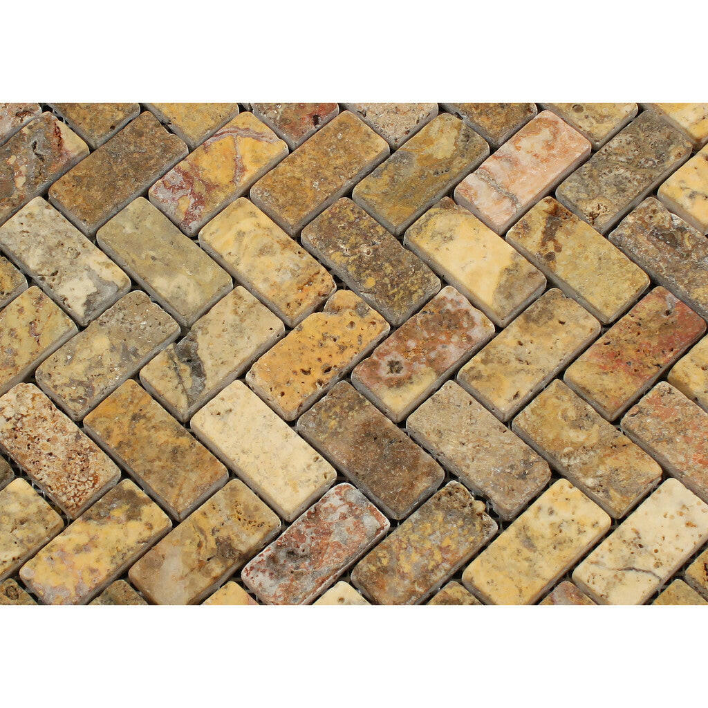 Scabos Travertine Tumbled 1 X 2 Herringbone Mosaic Tile-Travertine Mosaic-American Tile Depot