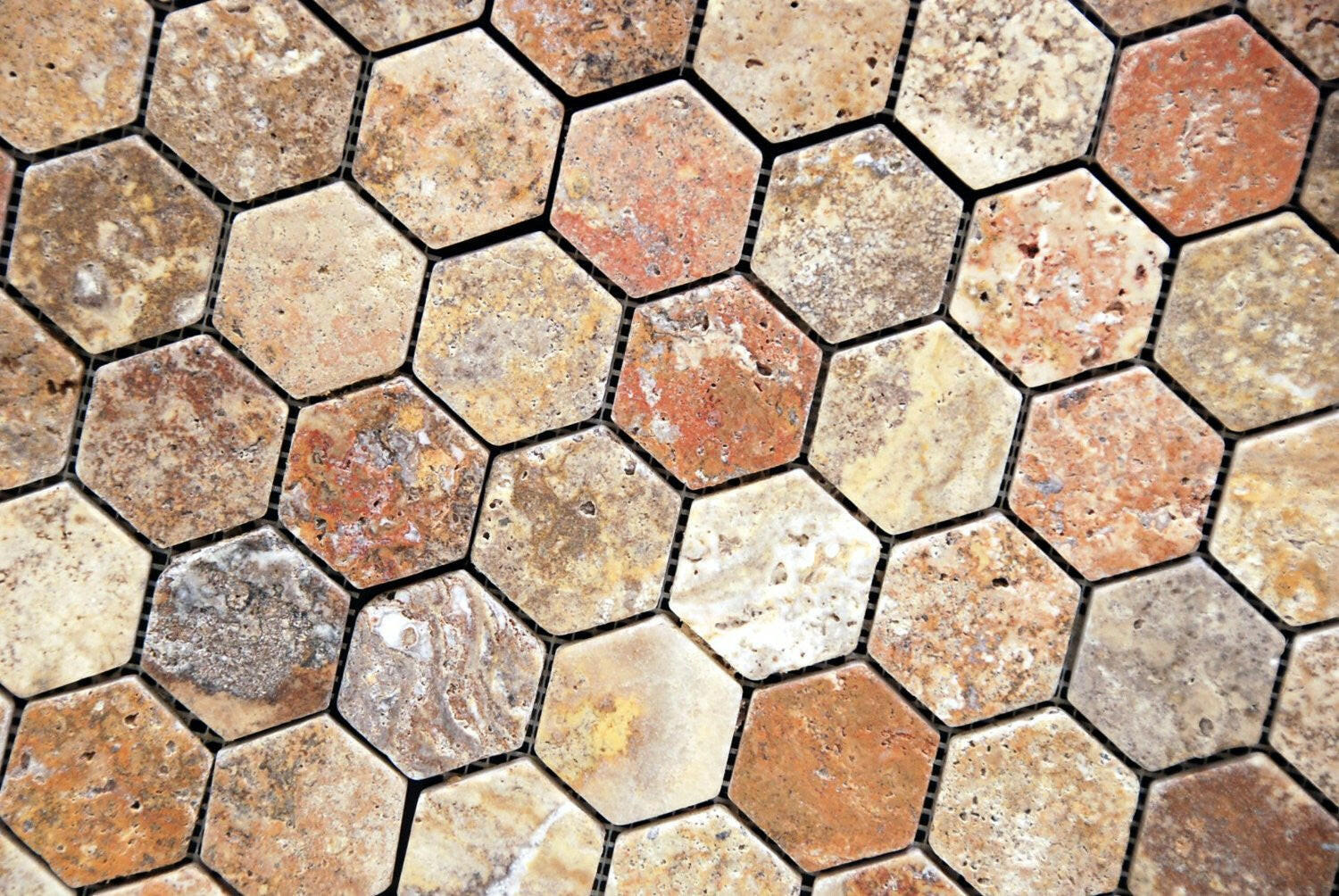 Scabos Travertine Tumbled 2'' Hexagon Mosaic Tile-Travertine Mosaic-American Tile Depot