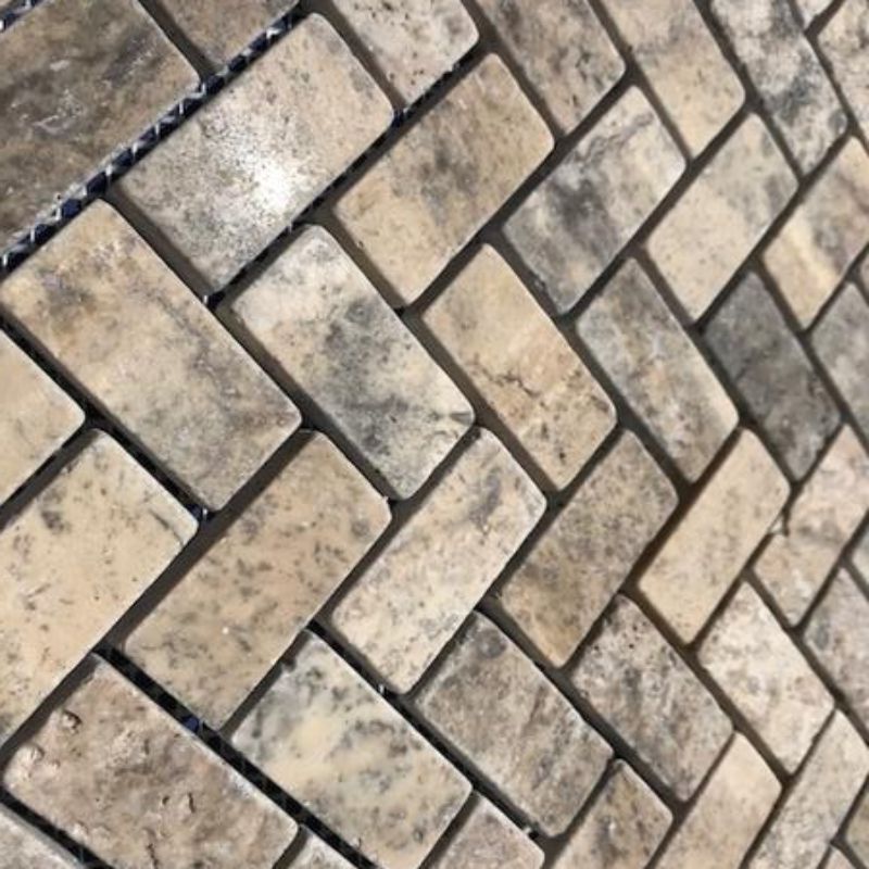 Silver Travertine Tumbled 1 X 2 Herringbone Mosaic Tile-Travertine Mosaic-American Tile Depot