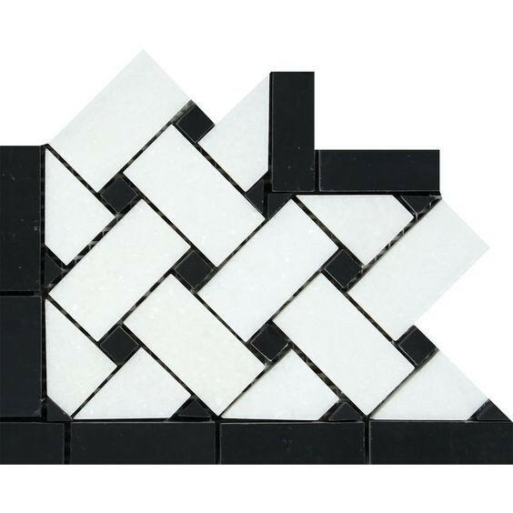 Thassos White Marble Honed Basketweave Border Corner w / Black Dots-Marble Border-American Tile Depot