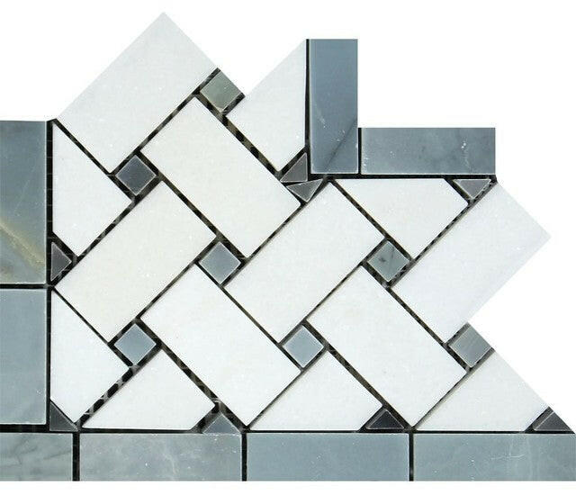 Thassos White Marble Honed Basketweave Border Corner w / Blue-Gray Dots-Marble Border-American Tile Depot