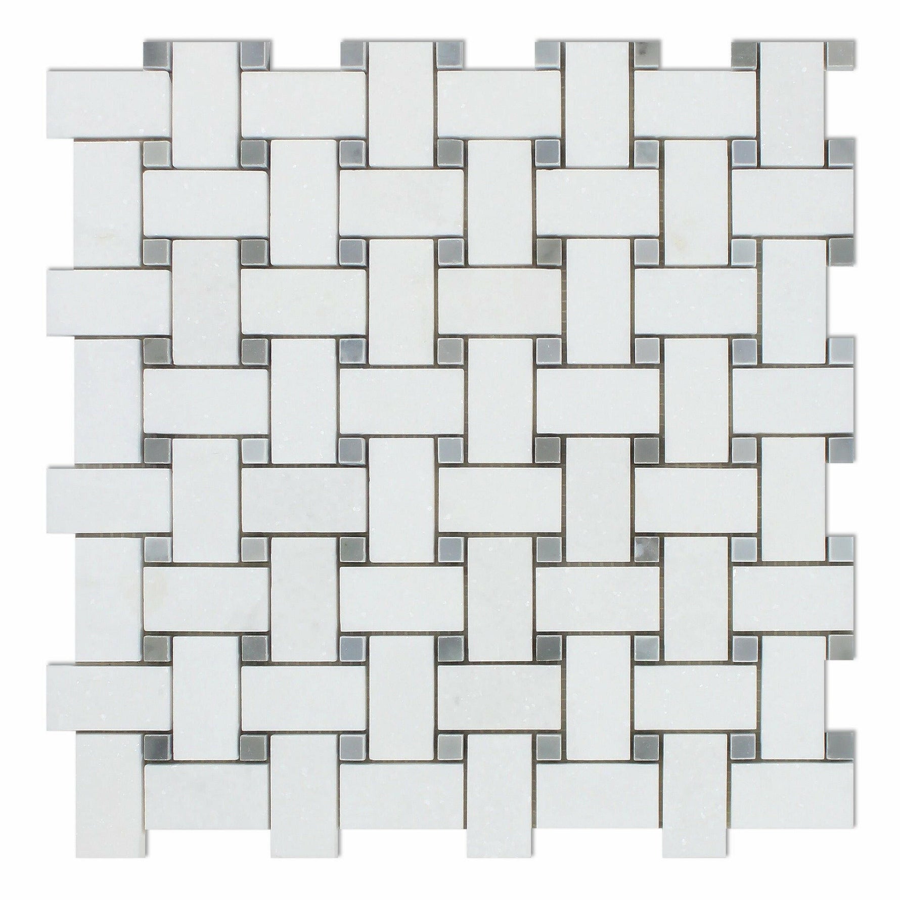 Thassos White Marble Honed Basketweave Mosaic Tile w/ Blue-Gray Dots-Marble Mosaic-American Tile Depot