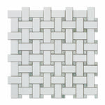 Thassos White Marble Honed Basketweave Mosaic Tile w/ Ming-Green Dots-Marble Mosaic-American Tile Depot