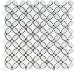 Thassos White Marble Honed Florida Flower Mosaic Tile w/ Ming Green Dots-Marble Mosaic-American Tile Depot