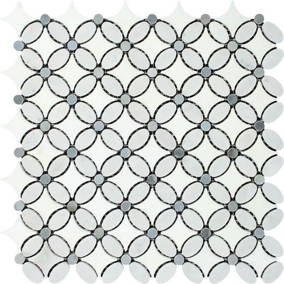 Thassos White Marble Honed Florida Flower Mosaic Tile w/Blue Gray Dots-Marble Mosaic-American Tile Depot