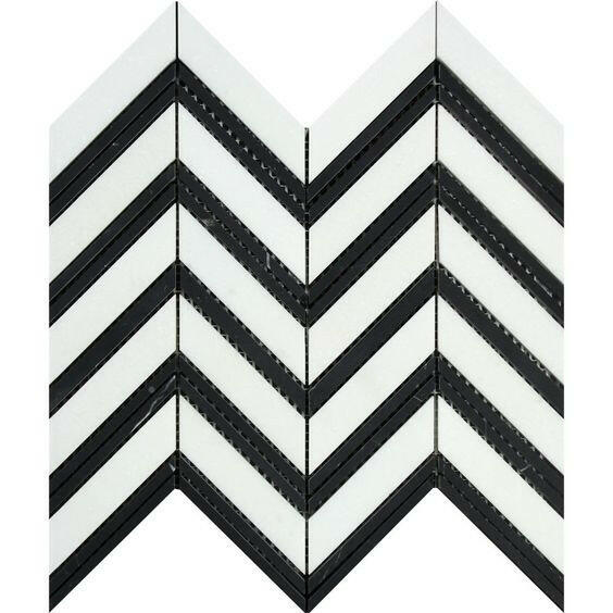 Thassos White Marble Honed Large Chevron Mosaic Tile w / Black Dots Strips-Marble Mosaic-American Tile Depot