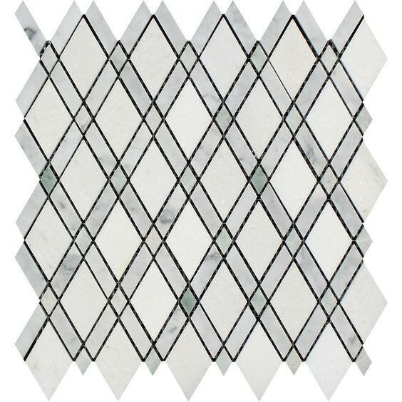 Thassos White Marble Honed Lattice Mosaic Tile w / Ming Green Dots-Marble Mosaic-American Tile Depot