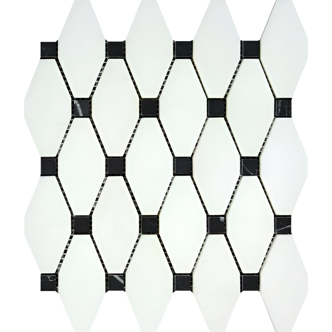 Thassos White Marble Honed Octave Pattern Mosaic Tile w/ Black Dots-Marble Mosaic-American Tile Depot