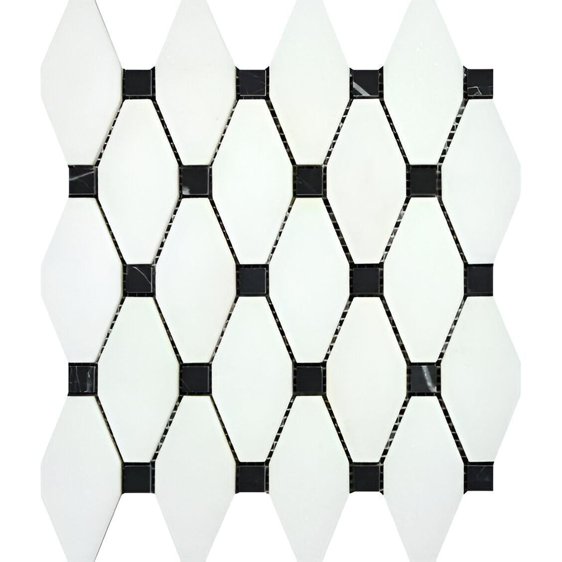 Thassos White Marble Honed Octave Pattern Mosaic Tile w/ Black Dots-Marble Mosaic-American Tile Depot