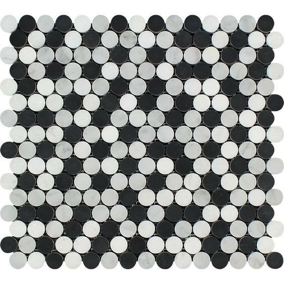 Thassos White Marble Honed Penny Round Mosaic Tile w/ Black Dots-Marble Mosaic-American Tile Depot