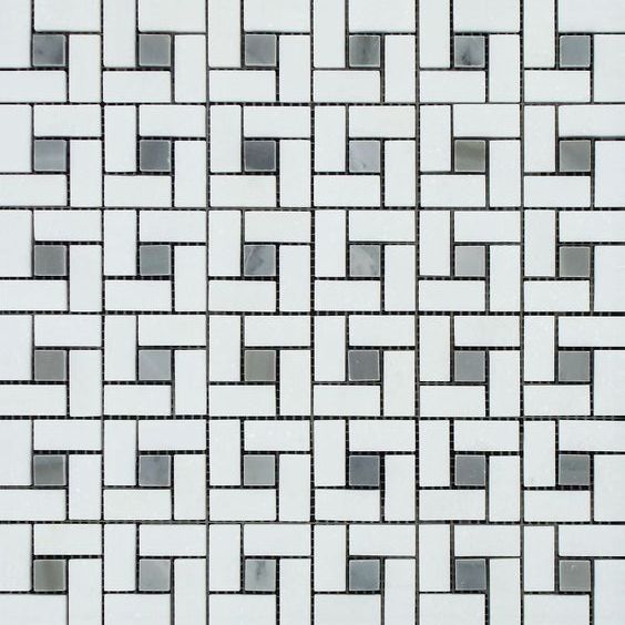 Thassos White Marble Honed Pinwheel Mosaic Tile w/ Blue-Gray Dots-Marble Mosaic-American Tile Depot