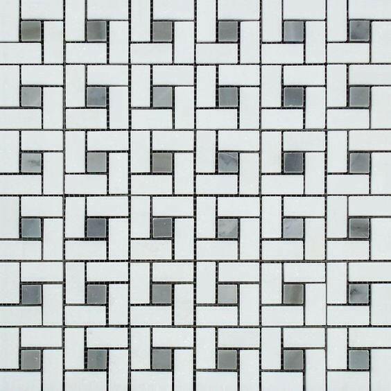 Thassos White Marble Honed Pinwheel Mosaic Tile w/ Blue-Gray Dots-Marble Mosaic-American Tile Depot