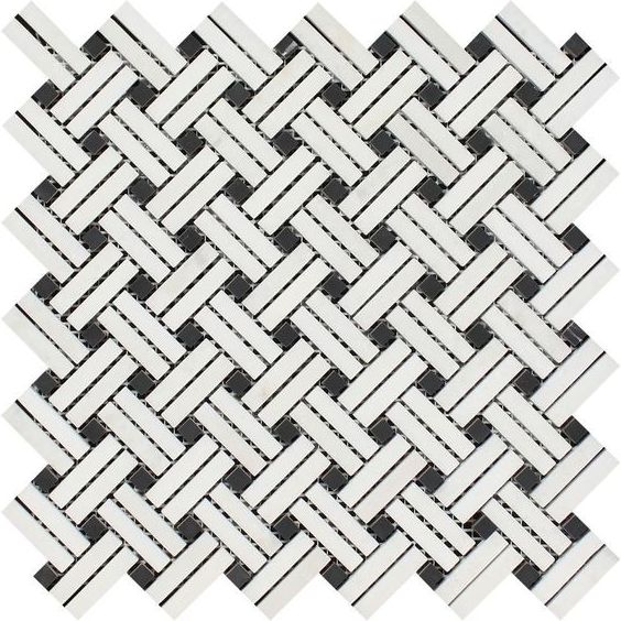 Thassos White Marble Honed Stanza Basketweave Mosaic Tile w/ Black Dots-Marble Mosaic-American Tile Depot