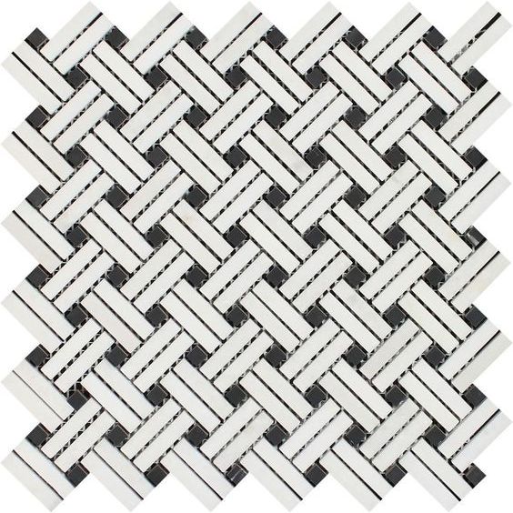 Thassos White Marble Honed Stanza Basketweave Mosaic Tile w/ Black Dots-Marble Mosaic-American Tile Depot