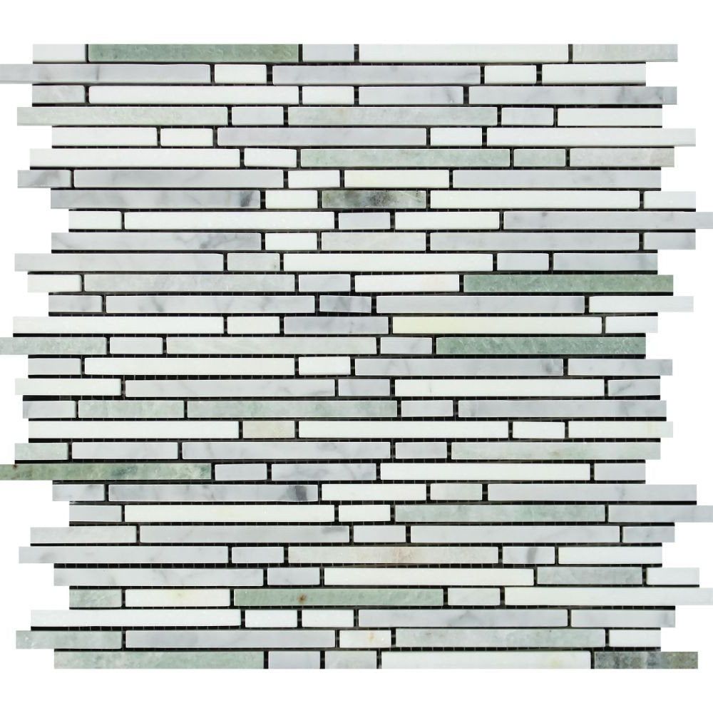 Thassos White Marble Honed Tricolor ( Thassos +Carrara +Ming-Green ) Bamboo Sticks Mosaic-Marble Mosaic-American Tile Depot